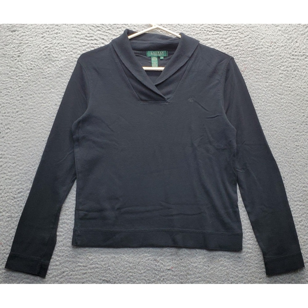 Lauren Ralph Lauren Knit Top Womens Petite PM Black Long Sleeve Shawl Collar